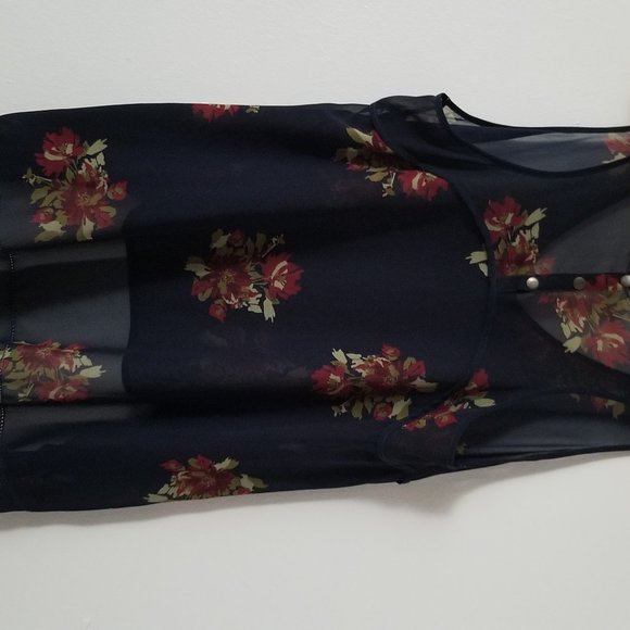 EUC - Navy Floral Lightweight Floral Sheer Blouse - Picture 2 of 2